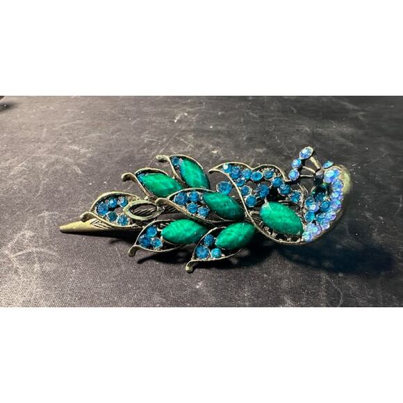 Green NWT Jeweled Peacock Hair Clip / Barrette - Picture 2 of 2